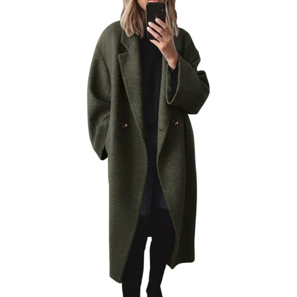 Women's Army Green Winter Double Breasted Wool Coat Long Sleeve Long Trench Coat